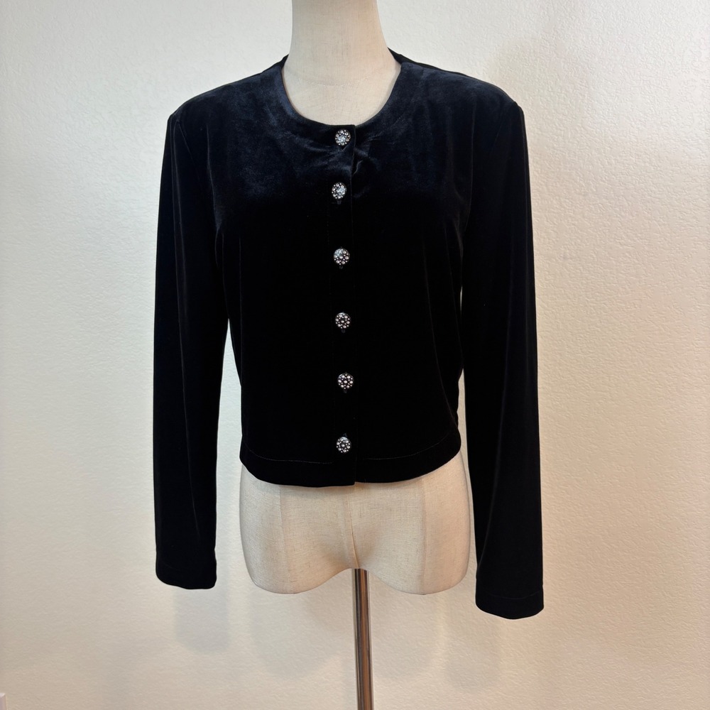 Jessica Howard Velvet Shrug Cropped jacket 10 Black Vintage Rhinestone Button